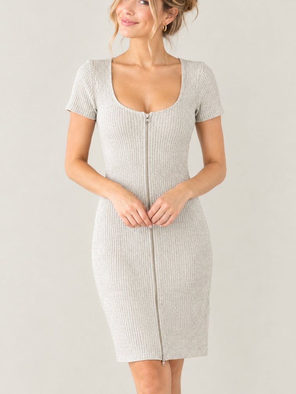 T by Alexander Wang Rib Knit Zipper Bodycon Dress Gray Scoop Neck Stretch Medium